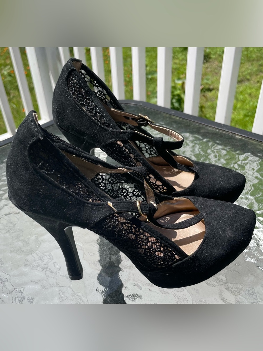 Qupid Black Lace T-Strap High Heels